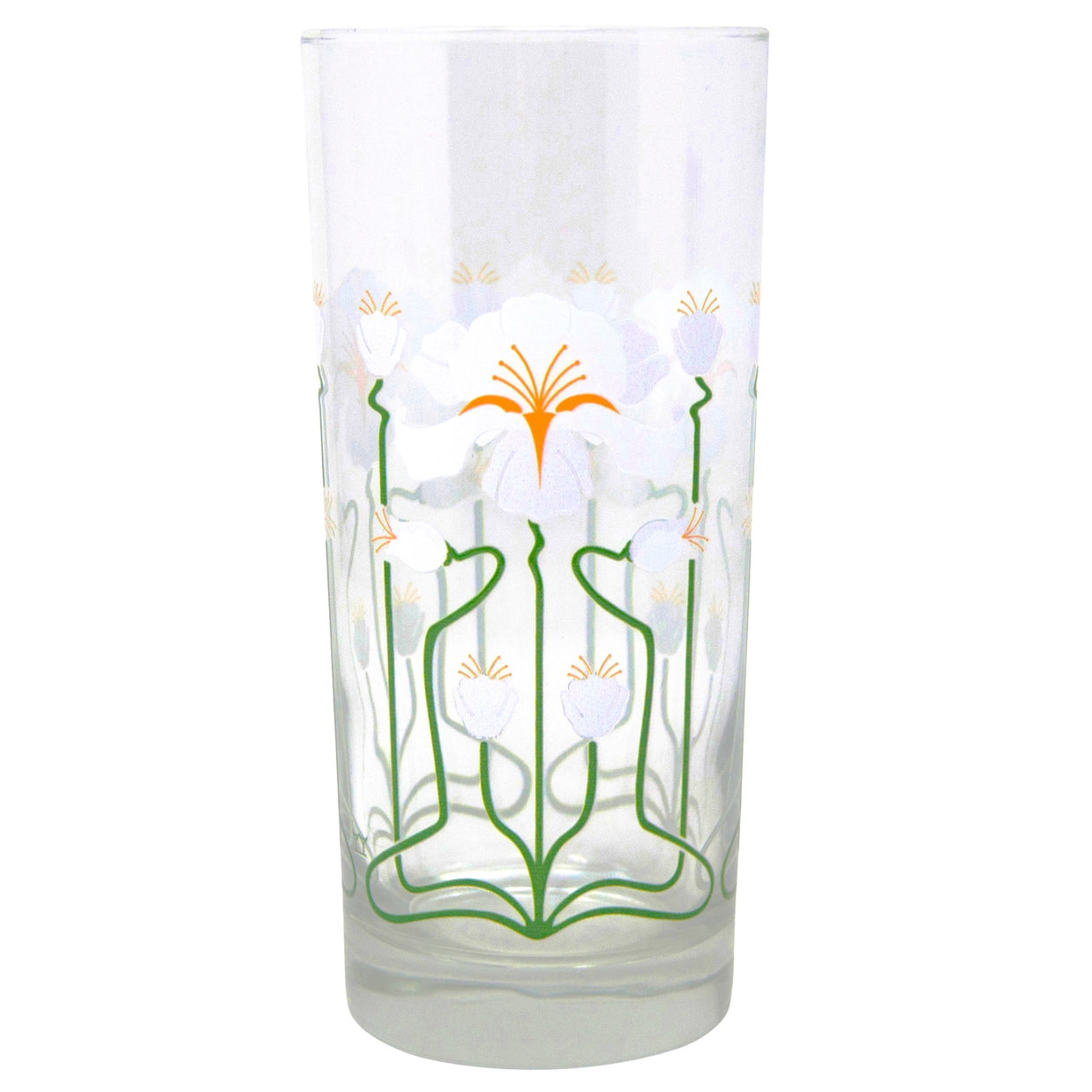 Clear glass highball with hand-painted white iris flowers, green stems, and orange stamens in Art Nouveau style
