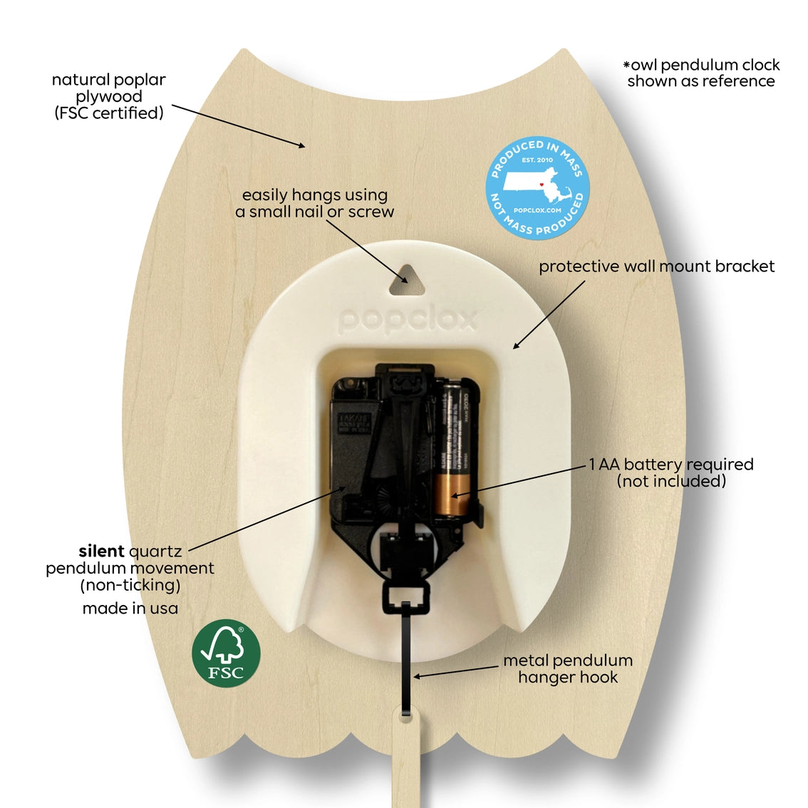 Natural poplar plywood clock backing in scalloped owl shape showing exposed quartz movement mechanism and wall mount components