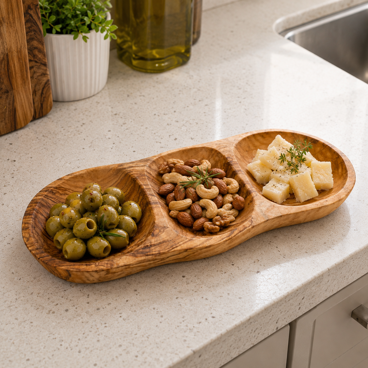 Natural OliveWood Olive Wood 3-Section Snack & Appetizer Tray