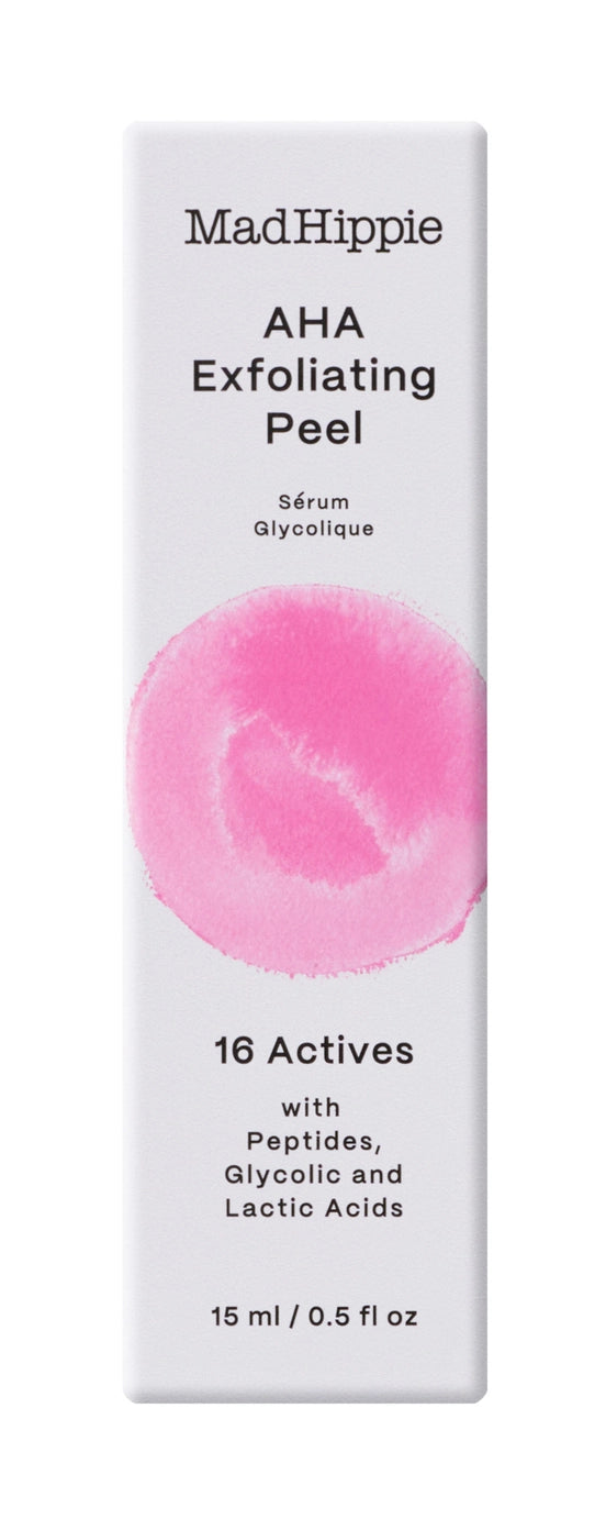White cardboard skincare box with MadHippie AHA Exfoliating Peel branding and watercolor pink circle design element