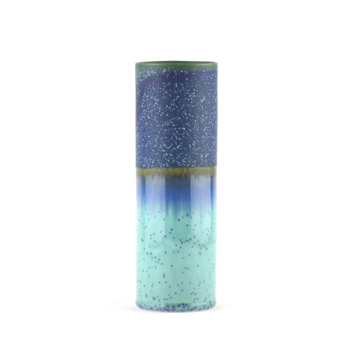 Cylindrical ceramic vase with reactive glaze in navy blue and mint green with speckled texture and olive drip detail