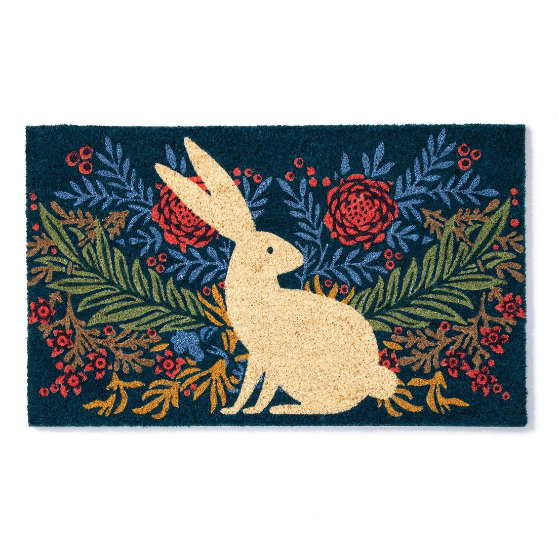Coir doormat with cream rabbit silhouette surrounded by floral wreath in coral, blue, green, and gold on navy background