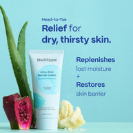 MadHippie Ultra-Rich Barrier Cream tube with aloe vera leaf, sliced prickly pear, and shea butter on light blue background