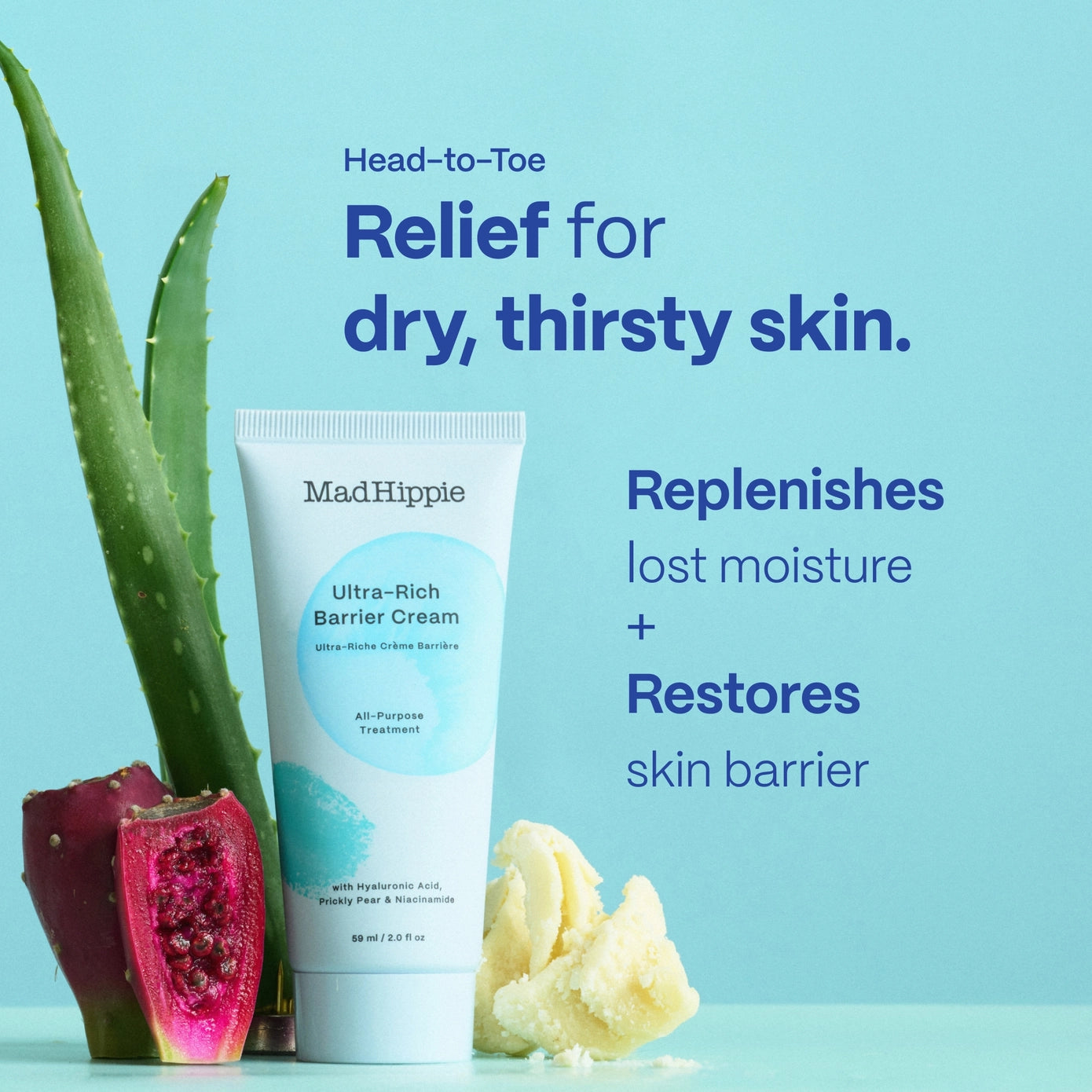 MadHippie Ultra-Rich Barrier Cream tube with aloe vera leaf, sliced prickly pear, and shea butter on light blue background