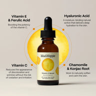 Amber glass dropper bottle of MadHippie Vitamin C Serum with black cap against yellow circular gradient background