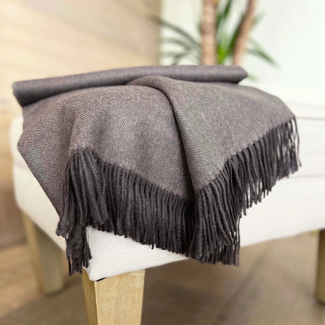 Charcoal gray woven throw blanket with twisted fringe trim draped over white upholstered bench with wood legs