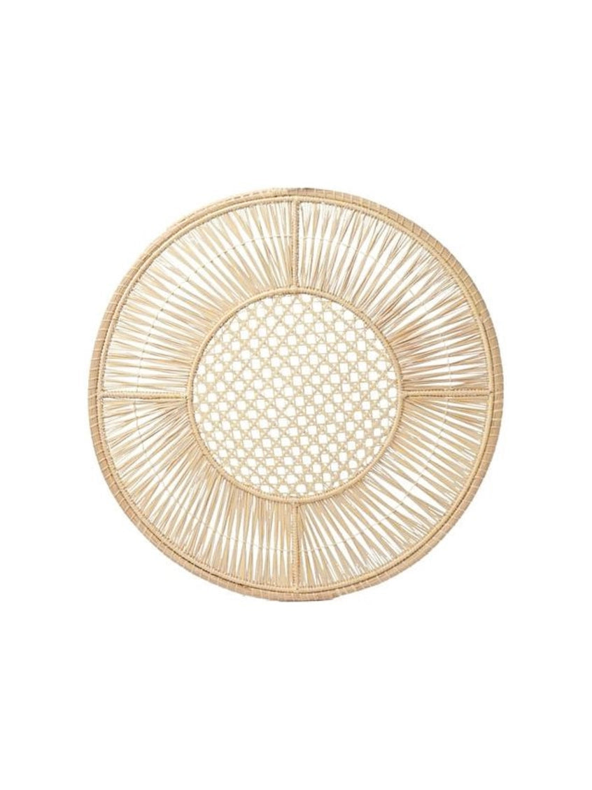 Round natural rattan wall decor with radiating spoke pattern outer ring and tight woven basket weave center circle