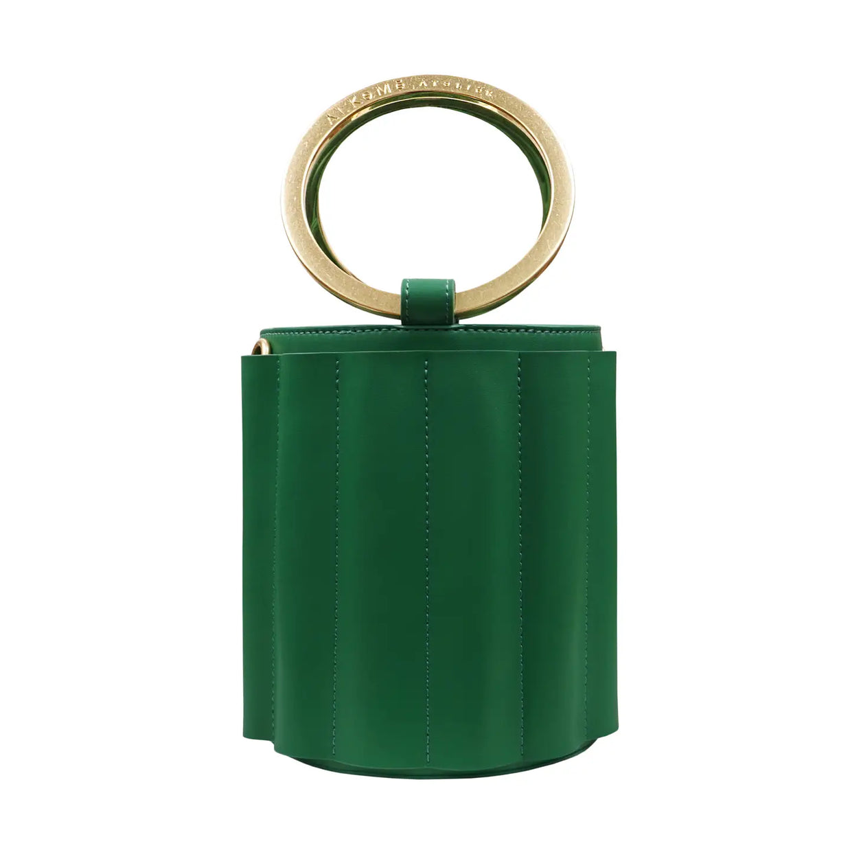 Emerald green leather bucket bag with cylindrical shape, vertical stitching, and gold circular ring top handle on white background