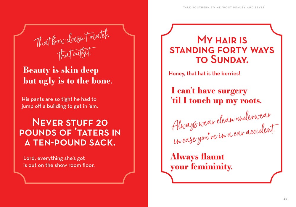 Two decorative cards with Southern sayings in red and white with ornate gold borders and humorous beauty advice quotes