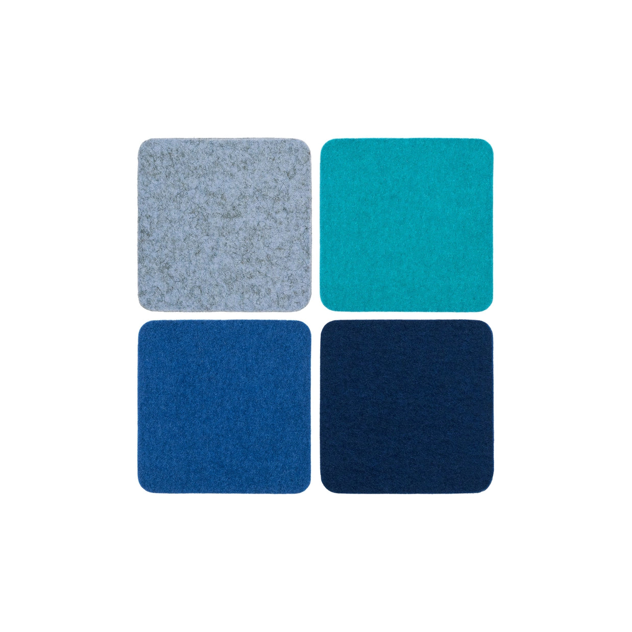 Four square felt coasters in light gray, turquoise, royal blue, and navy blue with rounded corners arranged in grid