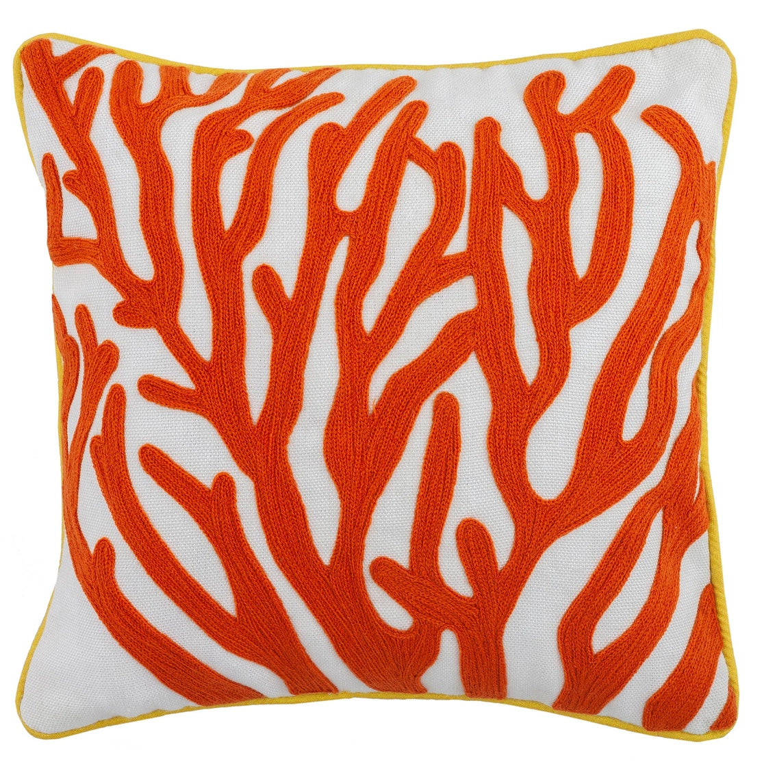 White cotton throw pillow with orange embroidered coral branch pattern and yellow piped trim edges