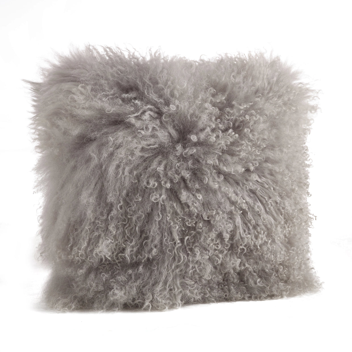Mongolian lamb wool pillow in dove gray with long curly fleece texture and natural shaggy appearance on white background