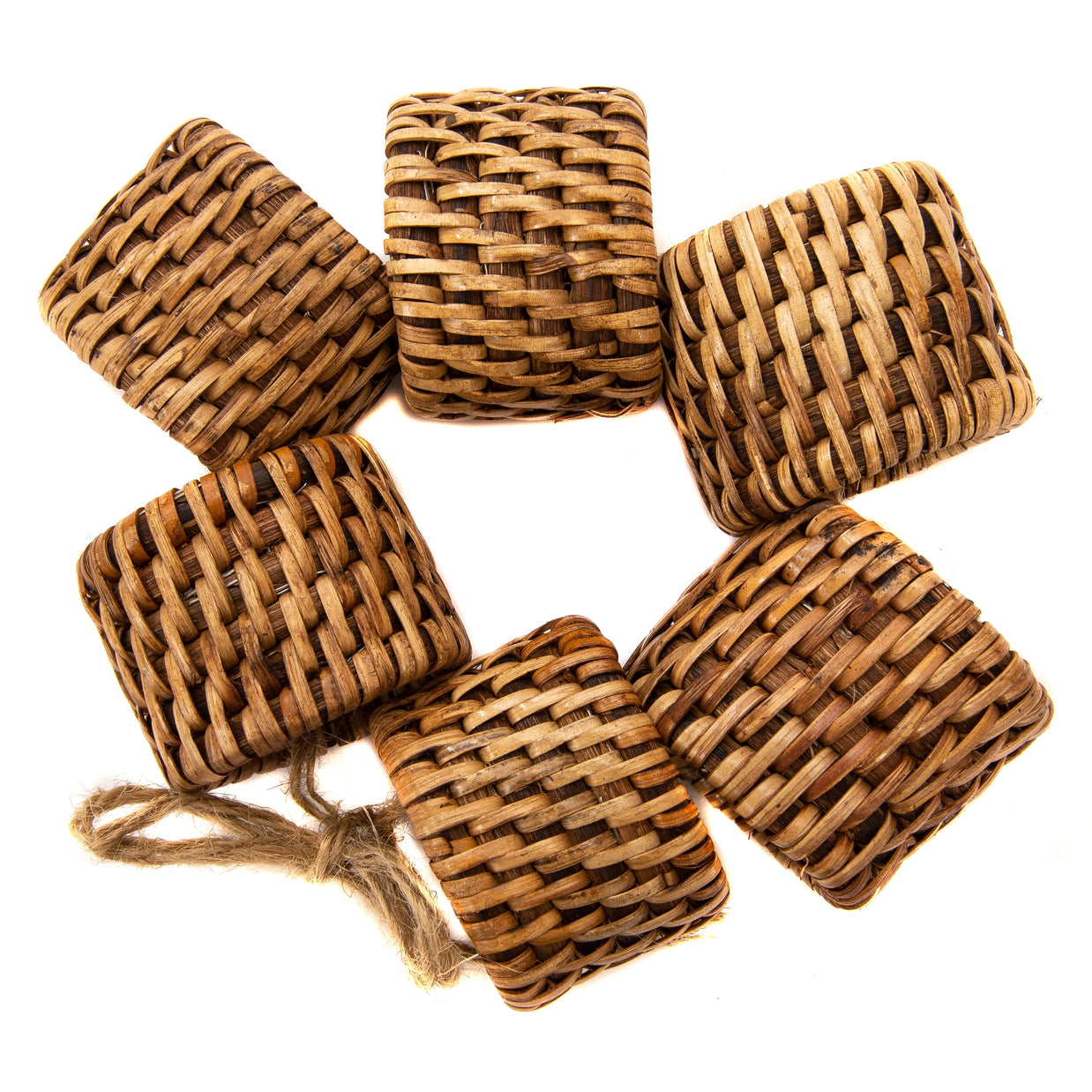 Set of six square woven rattan coasters in natural brown tones with basket weave pattern and jute hanging string