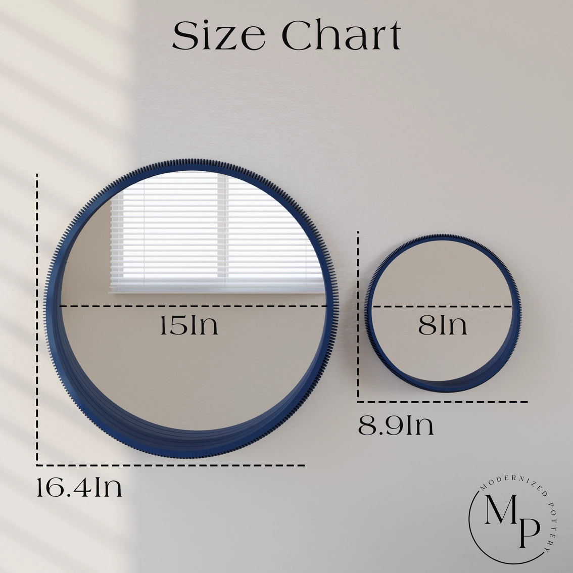 Size chart showing two navy blue rope-textured round mirrors measuring 16.4 inches and 8.9 inches in diameter with dimension labels