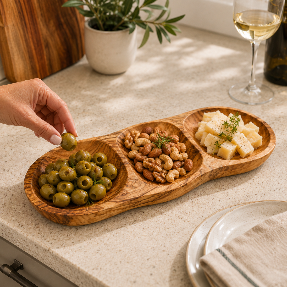 Natural OliveWood Olive Wood 3-Section Snack & Appetizer Tray