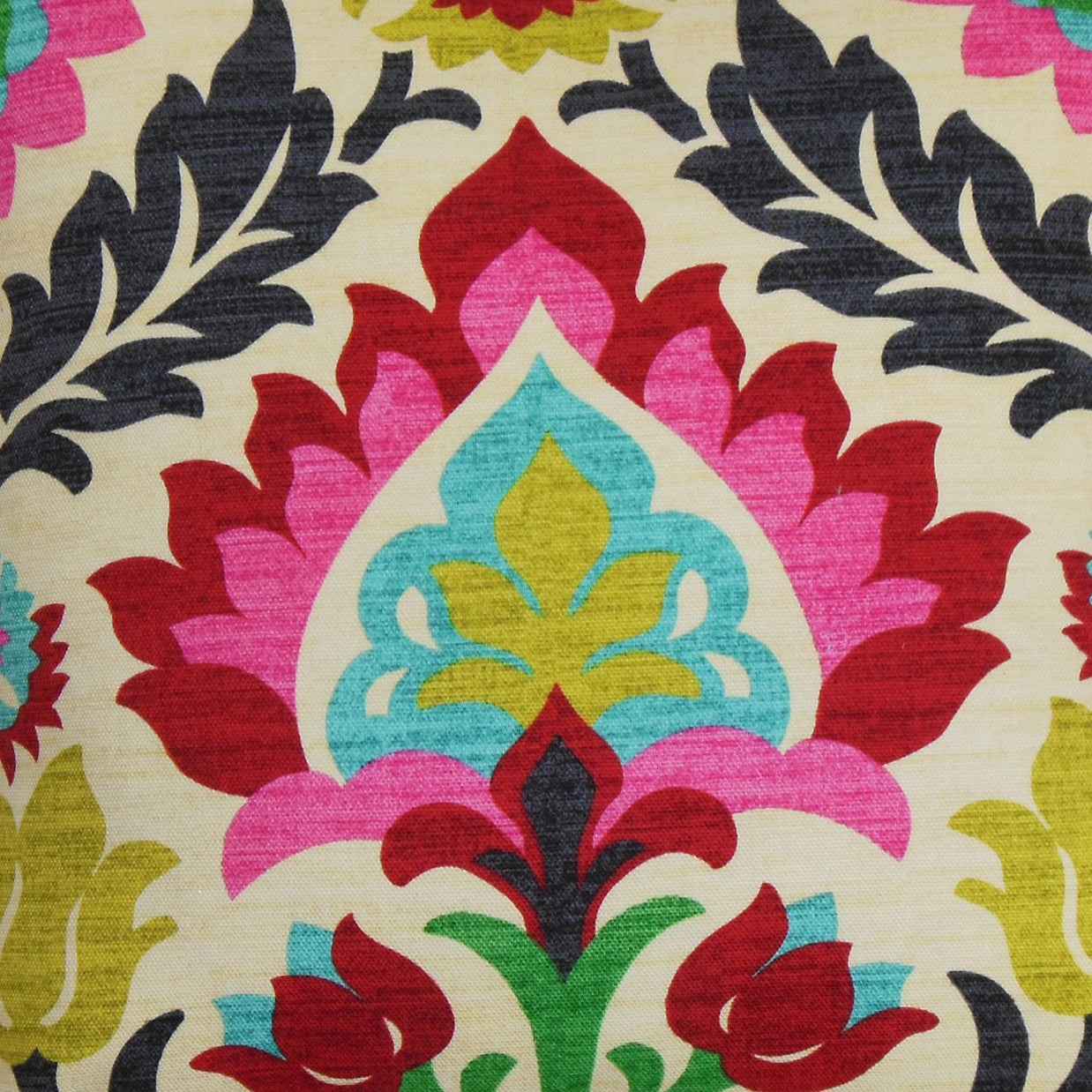 Woven fabric with bold damask pattern in crimson red, hot pink, turquoise, chartreuse and charcoal on cream background