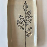 Rectangular cream ceramic tray with glossy finish and hand-drawn botanical leaf design in black line art