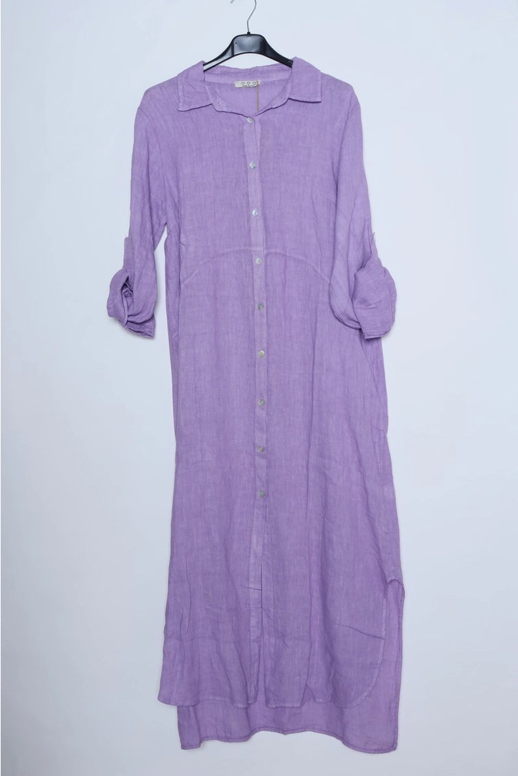 Lavender linen maxi shirt dress with collar, white button front, rolled sleeves, and patch pockets on black hanger