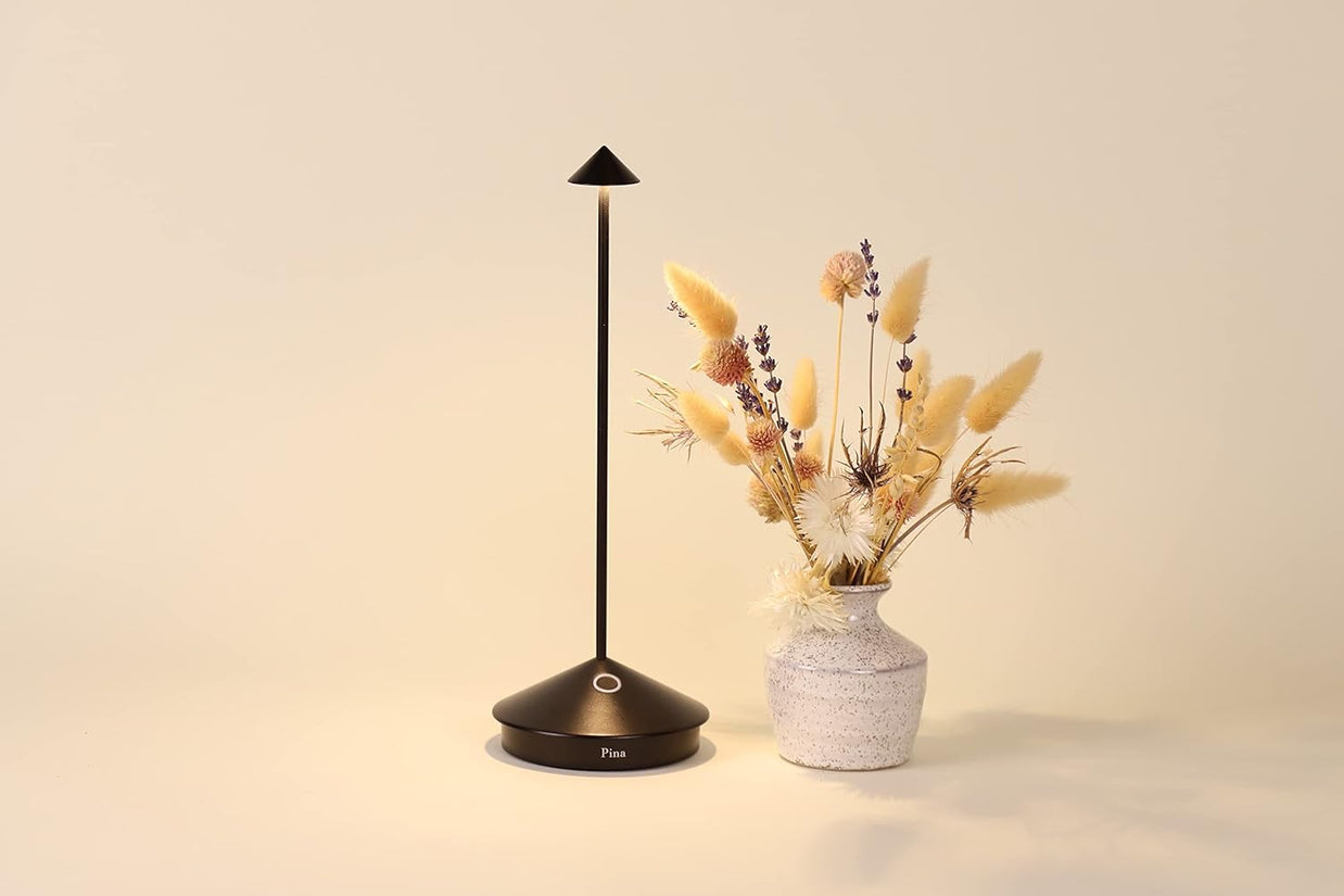 Matte black cone-shaped desk lamp with tall stem and round base beside speckled beige ceramic vase with dried florals