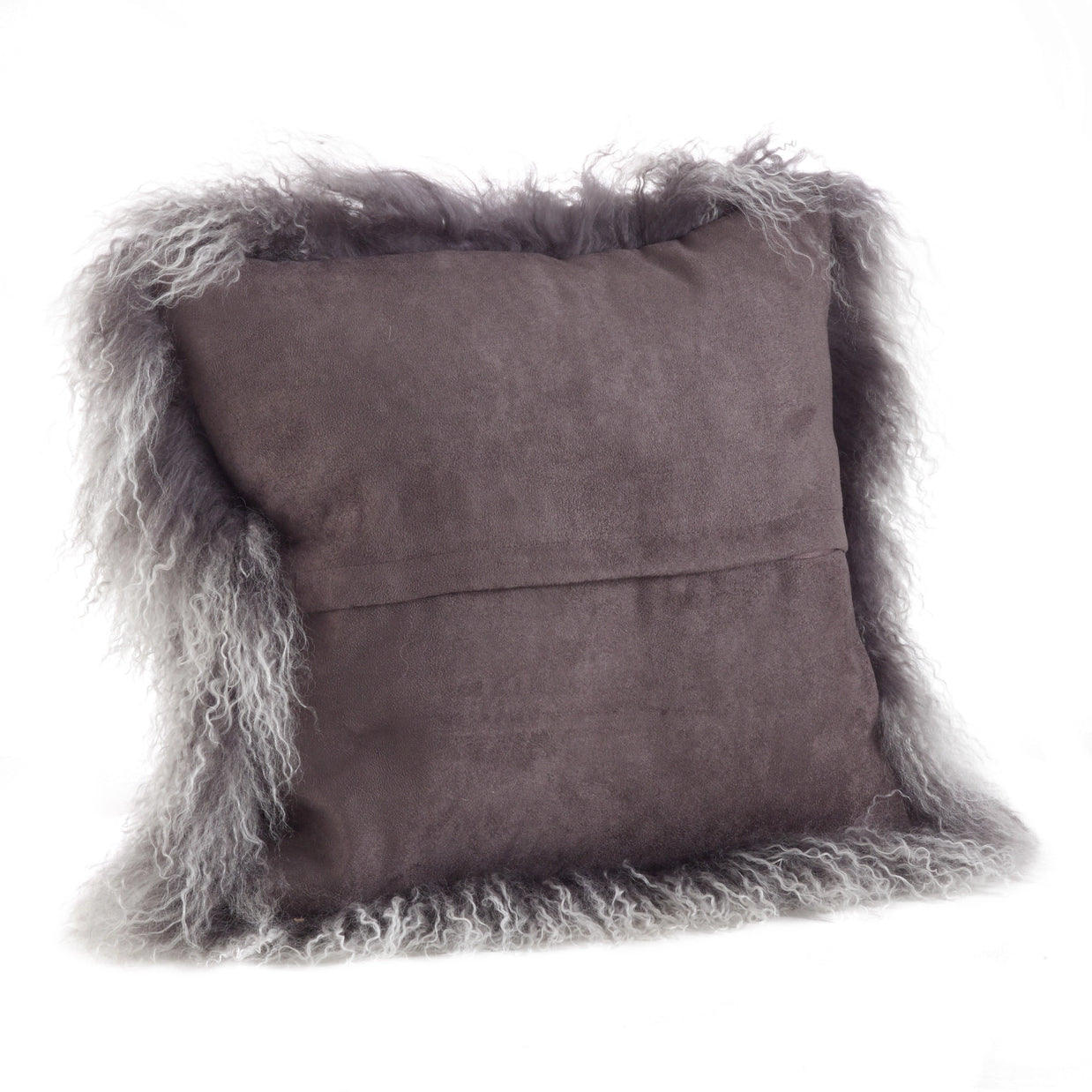 Charcoal gray suede throw pillow with long curly Mongolian lamb fur trim bordering all four edges on white background