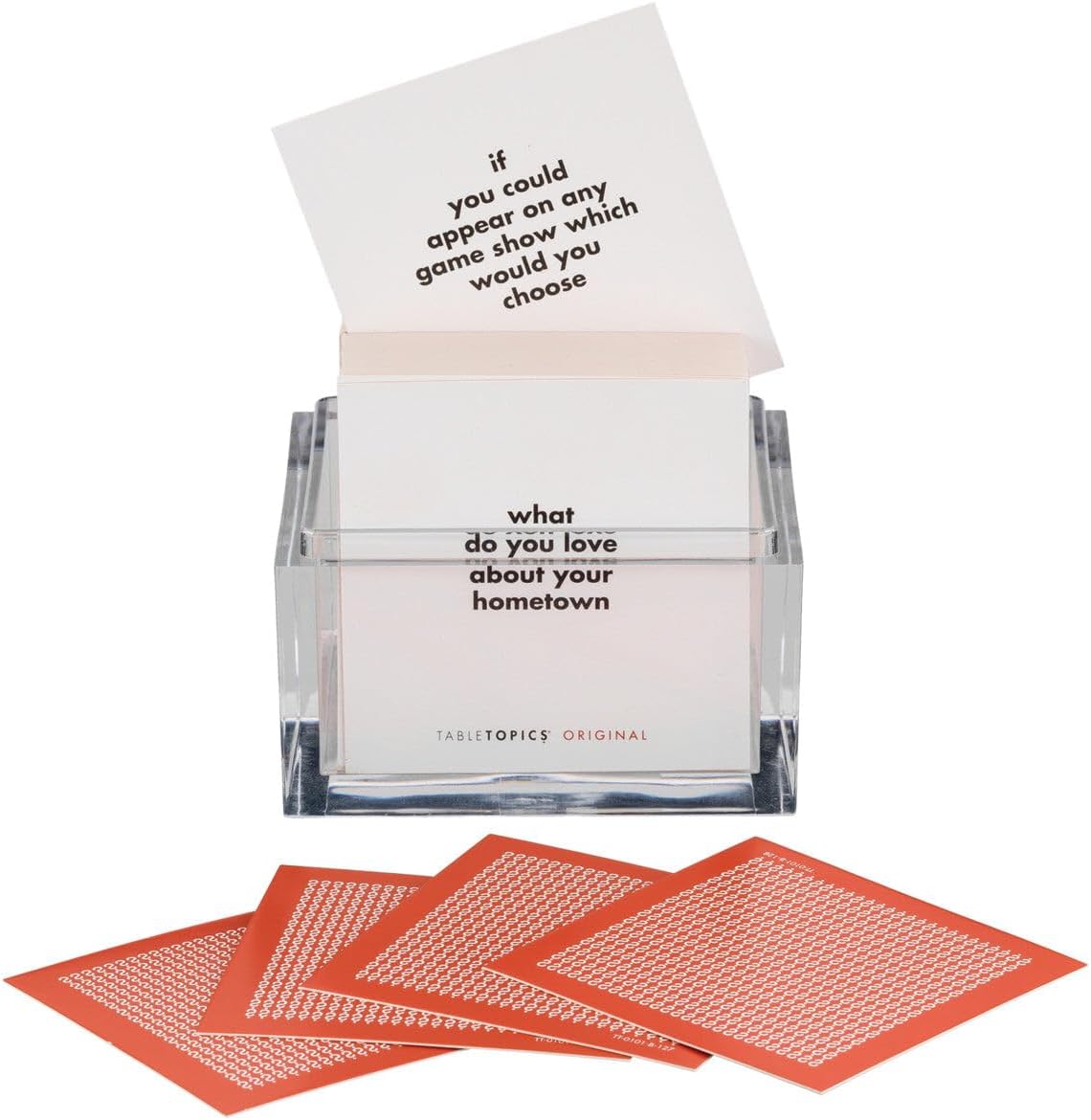 Clear acrylic card holder box with conversation starter cards featuring black text and coral-backed question cards