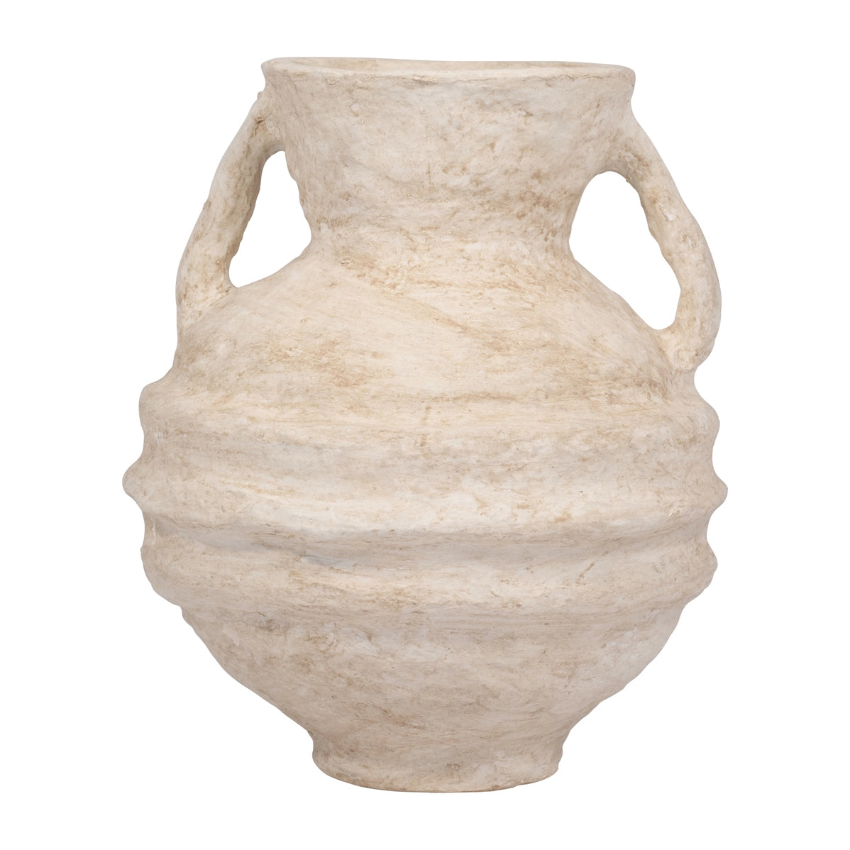 Cream textured ceramic amphora vase with two curved side handles and horizontal ridged bands creating a rounded silhouette
