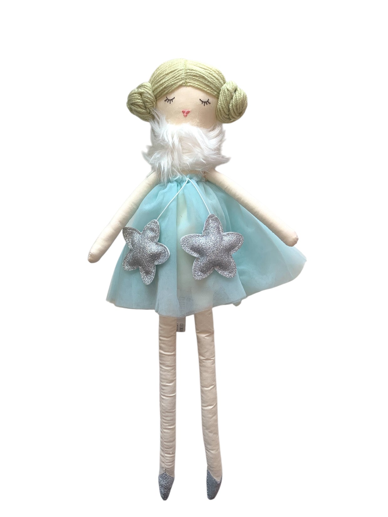 Handmade cloth doll with blonde yarn hair buns, white faux fur collar, aqua tulle dress with silver glitter stars, striped legs