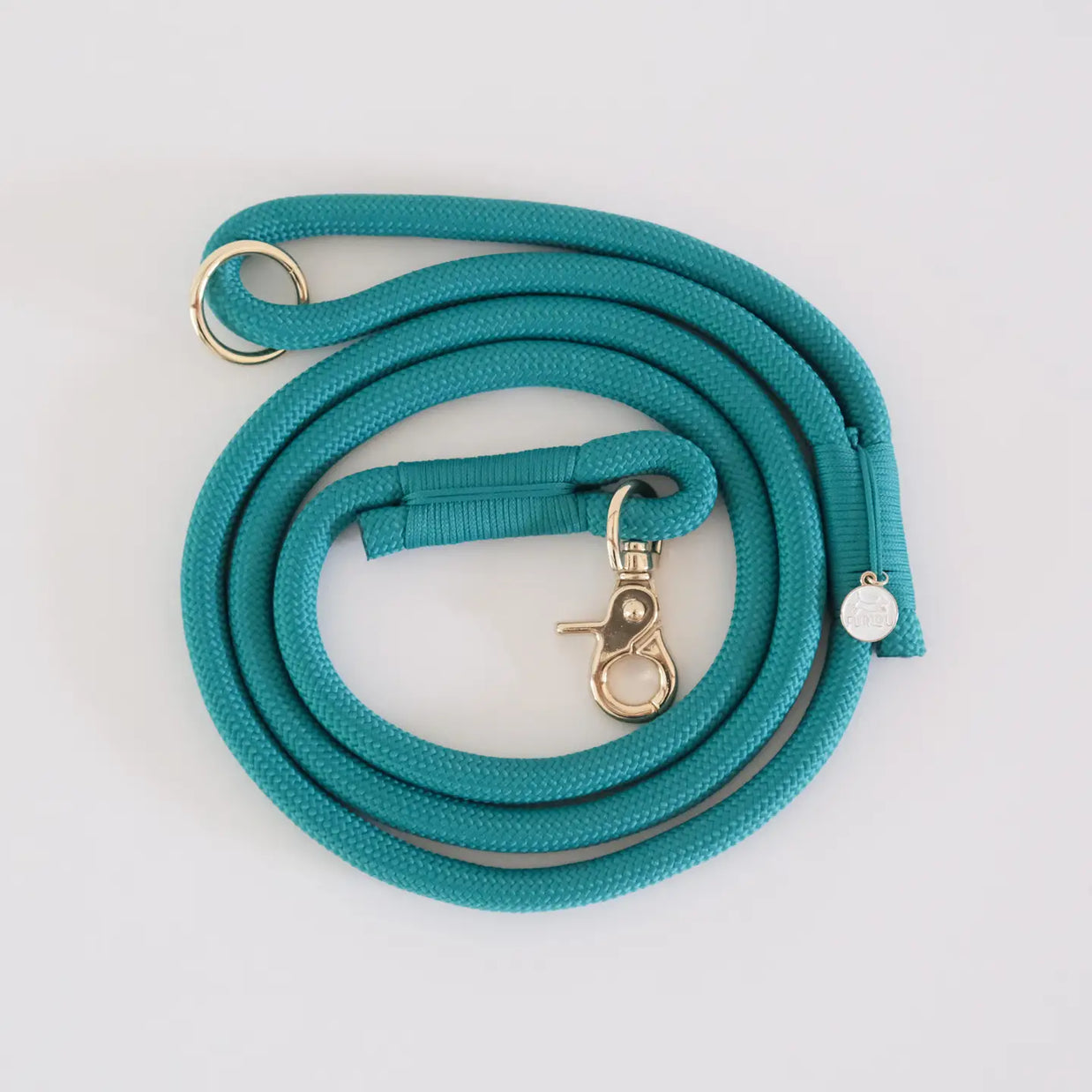 Teal braided rope dog leash with gold metal O-ring and swivel clip, coiled in spiral on white background