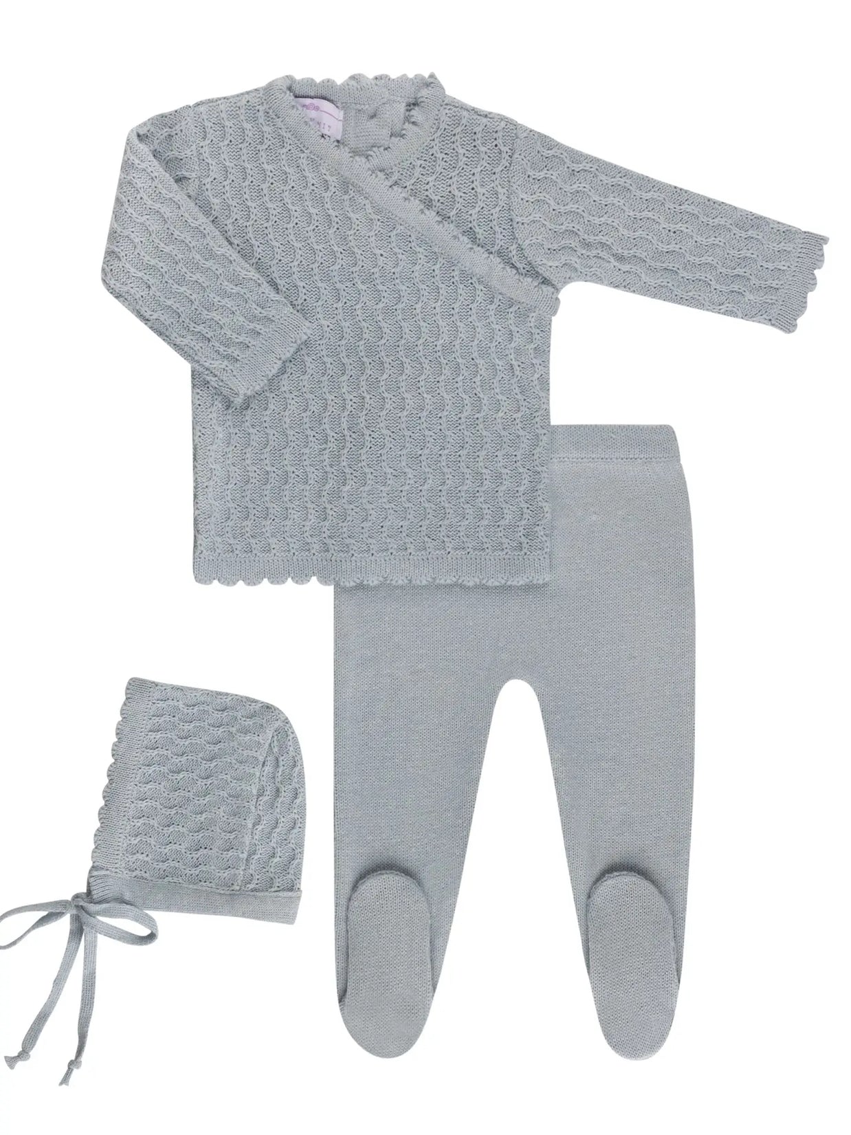 Sage green knitted baby outfit set with cable-knit sweater, footed leggings, and matching bonnet with ribbon ties