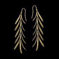 Brass botanical earrings with cascading rosemary sprig design featuring multiple delicate leaves on curved wire hooks