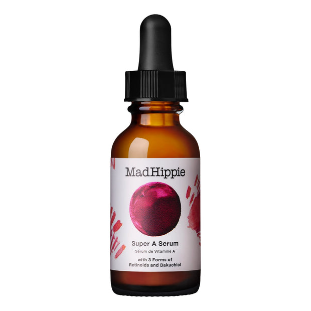 Amber glass dropper bottle with black cap, white label featuring pink sphere graphic, Mad Hippie Super A Serum with retinoids