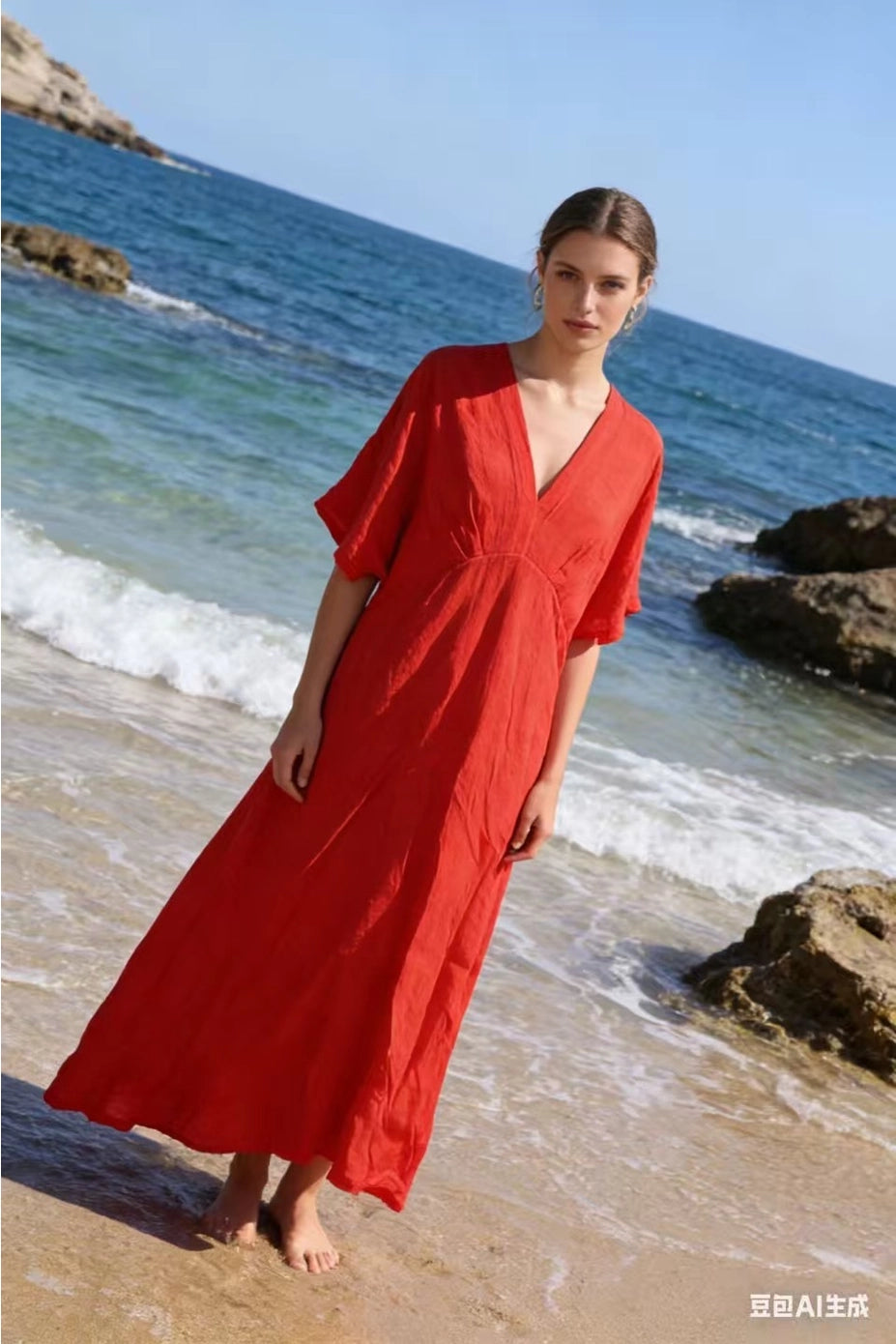 LÉA & LUC Flowing V-Neck Linen Maxi Dress