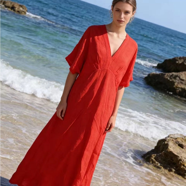 LÉA & LUC Flowing V-Neck Linen Maxi Dress
