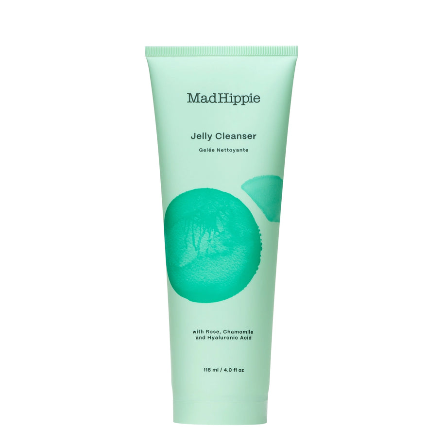 Mint green tube of MadHippie Jelly Cleanser with turquoise citrus fruit graphic and ribbed cap, 118ml size