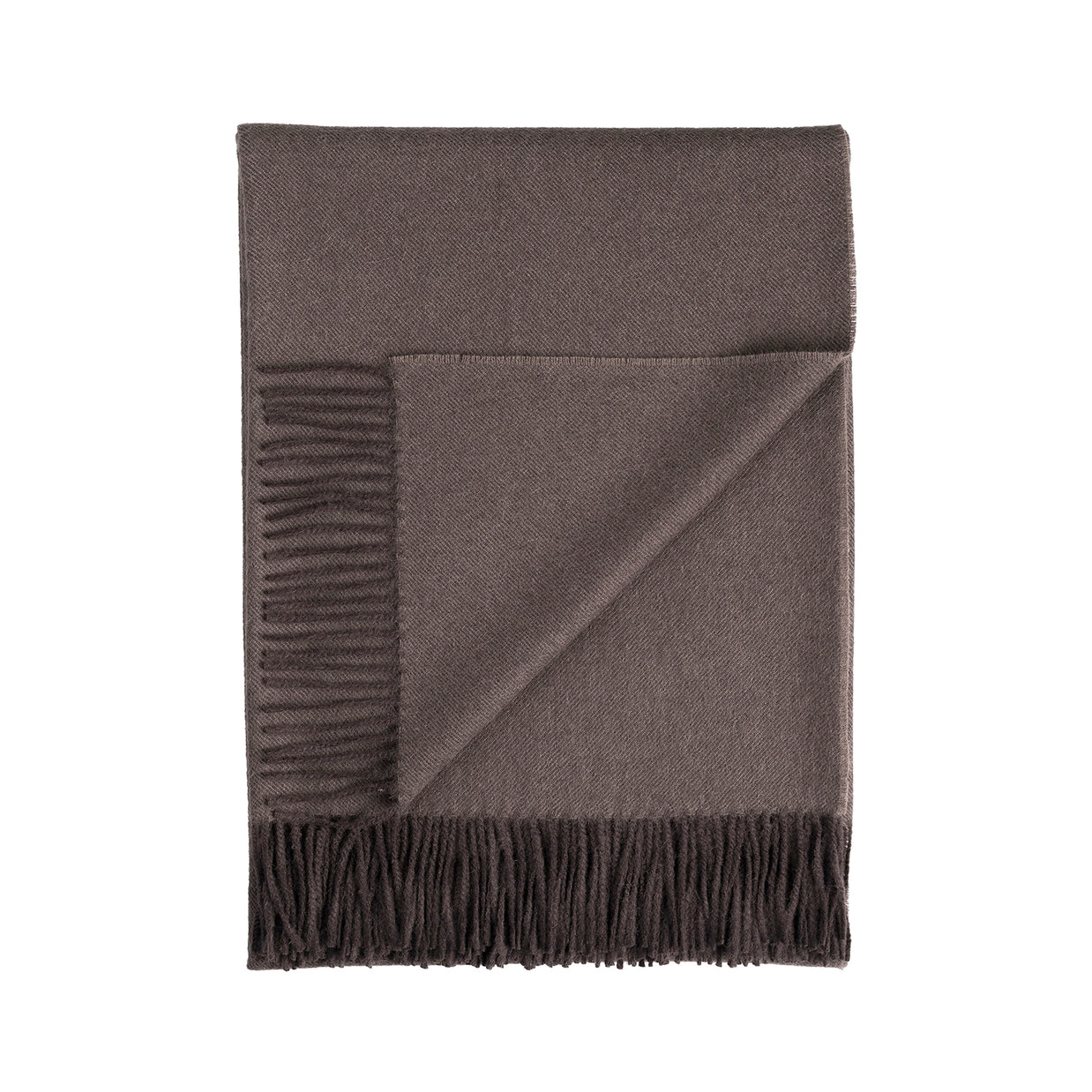 Charcoal gray wool throw blanket with diagonal twill weave pattern and knotted fringe trim along bottom edge