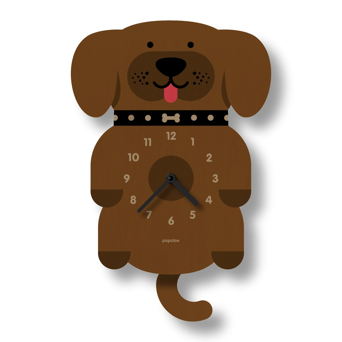 Brown wooden puppy-shaped pendulum wall clock with floppy ears, black studded collar, wagging tail, and beige numerals