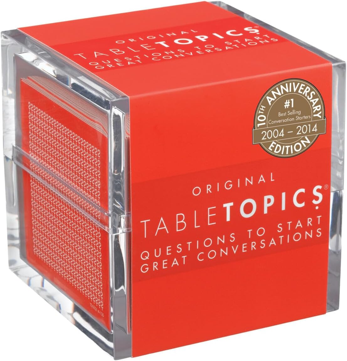 Red card deck in clear acrylic holder with white text reading TableTopics Questions to Start Great Conversations