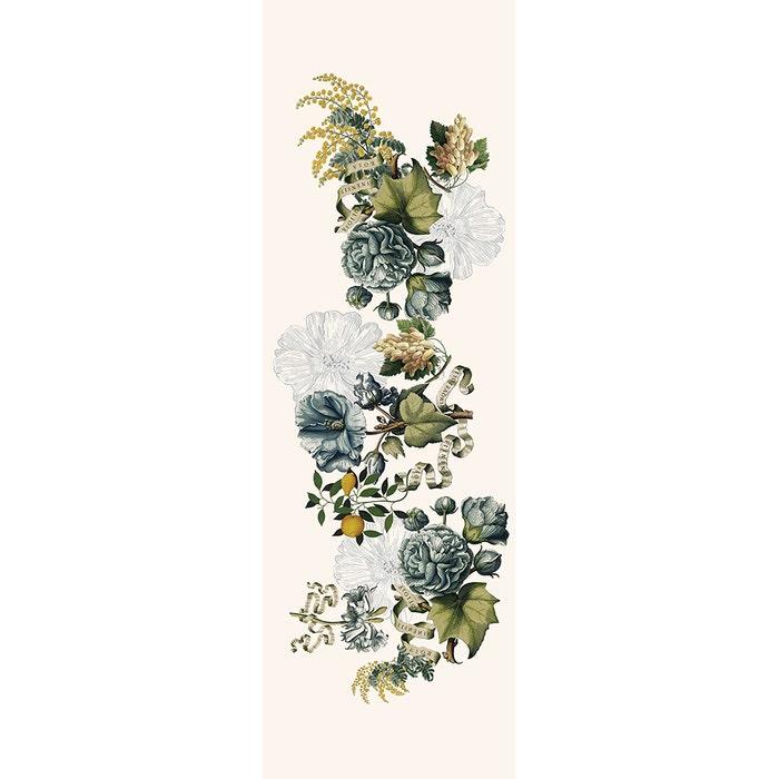 Linen table runner with vintage botanical print featuring green and cream flowers, leaves, and berries on natural background