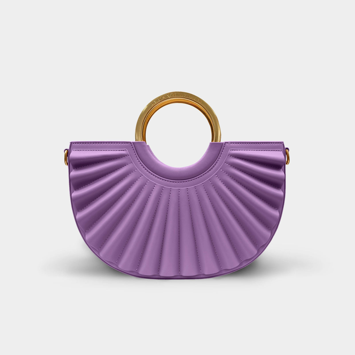 Lavender purple half-moon handbag with quilted fan pleating, gold circular top handle, and adjustable crossbody strap