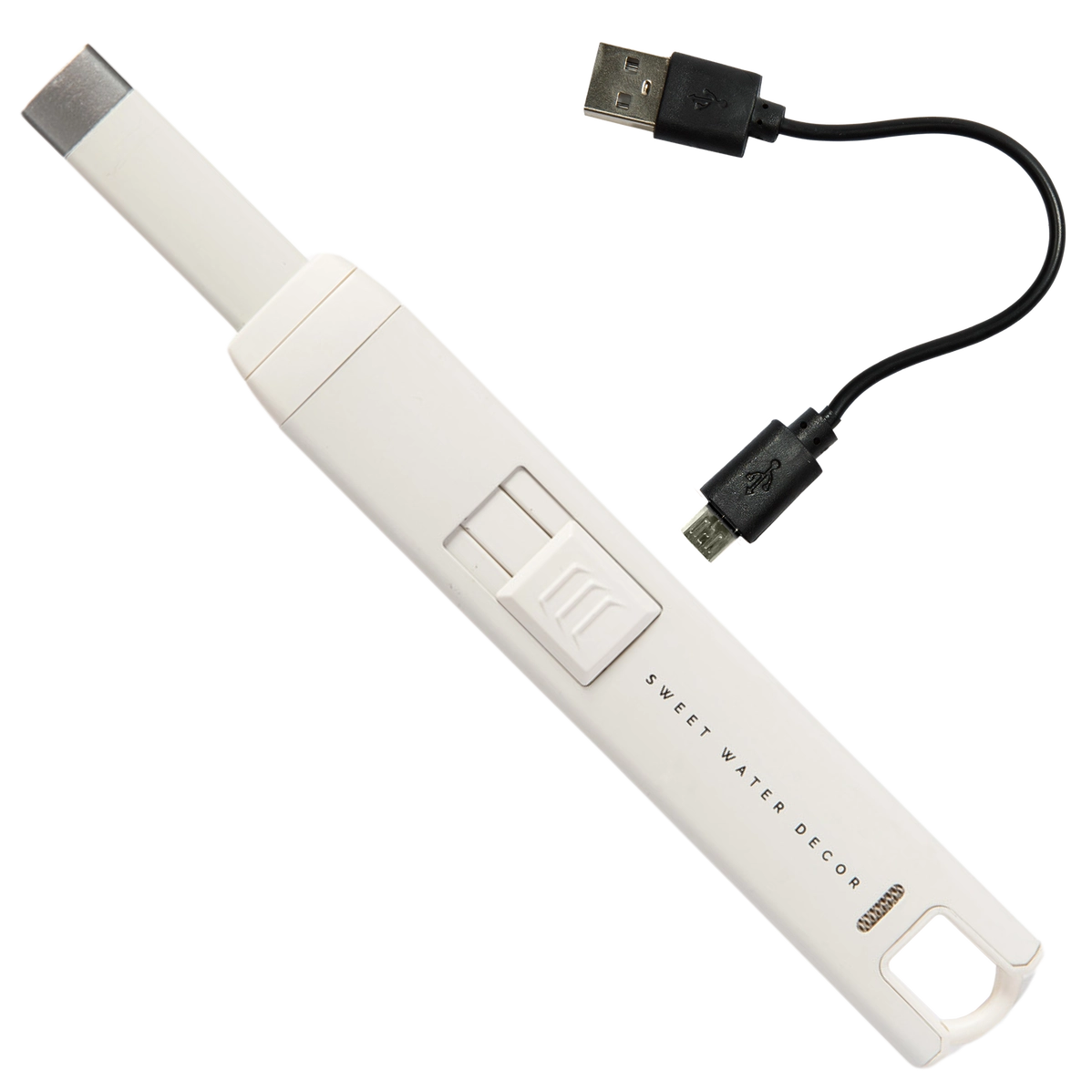 White cylindrical rechargeable electric lighter with silver tip, power button, and black USB charging cable attached