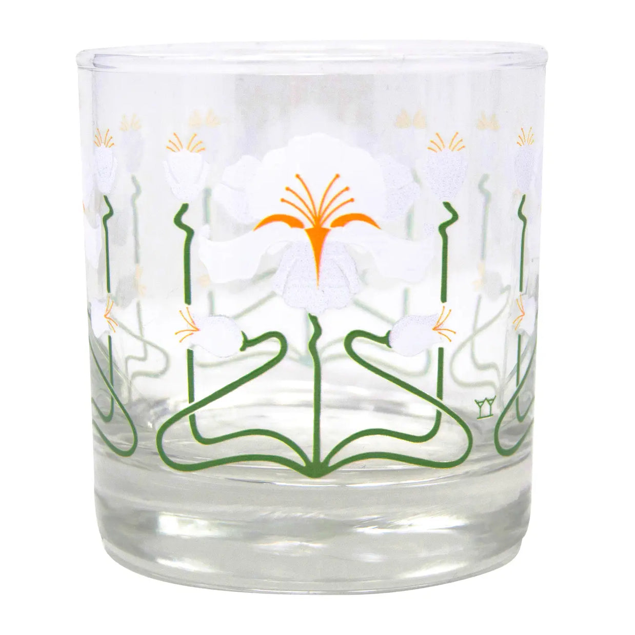 Clear glass tumbler with hand-painted white iris flowers, green stems, and orange stamens in Art Nouveau style design
