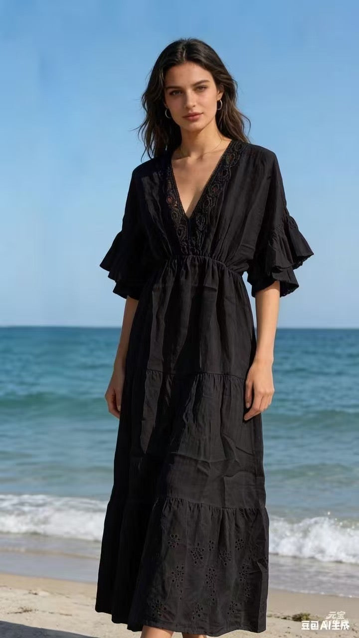 LÉA & LUC V-neck Linen Maxi Dress with Ruffled Sleeves