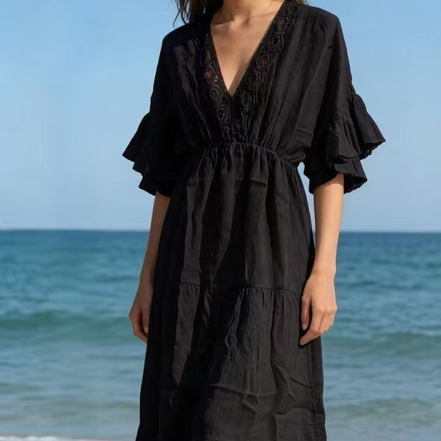 LÉA & LUC V-neck Linen Maxi Dress with Ruffled Sleeves