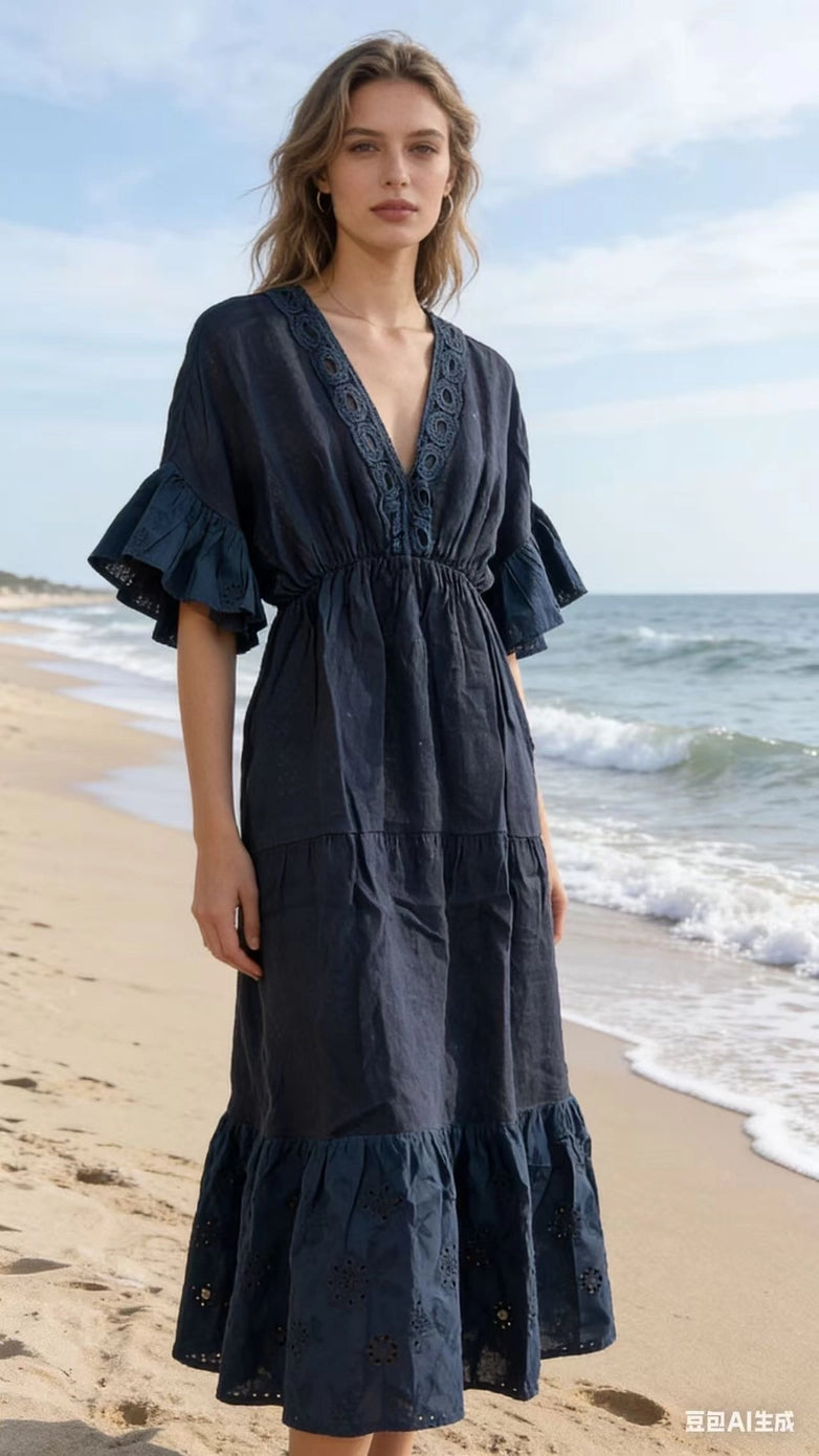 LÉA & LUC V-neck Linen Maxi Dress with Ruffled Sleeves