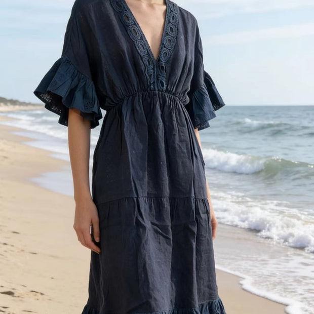 LÉA & LUC V-neck Linen Maxi Dress with Ruffled Sleeves