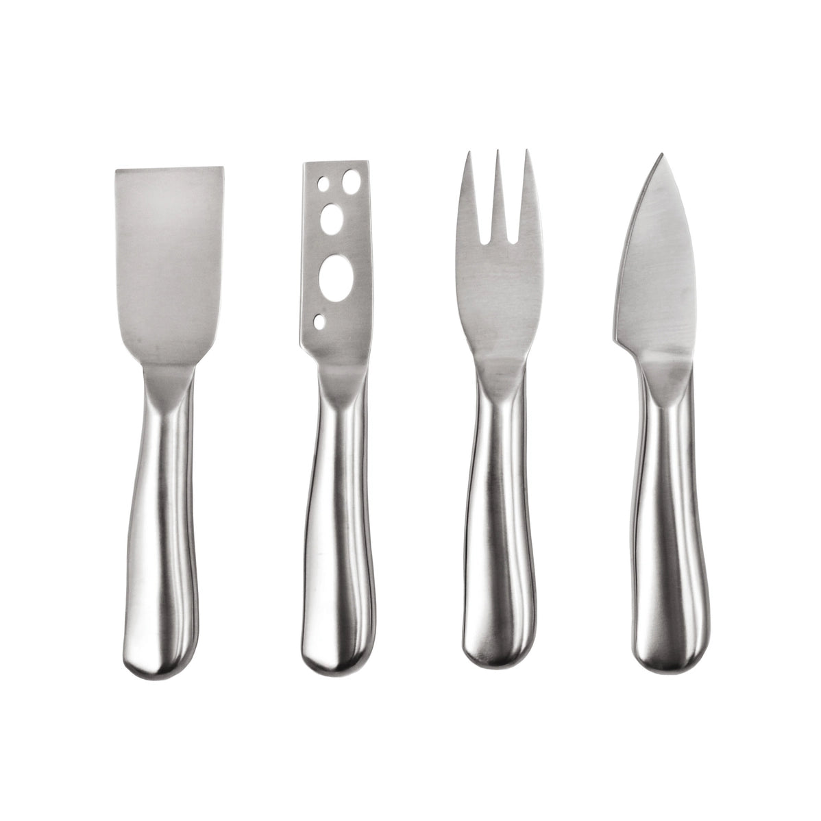 Four-piece stainless steel cheese knife set with spreader, perforated blade, fork, and mini cleaver on rounded handles
