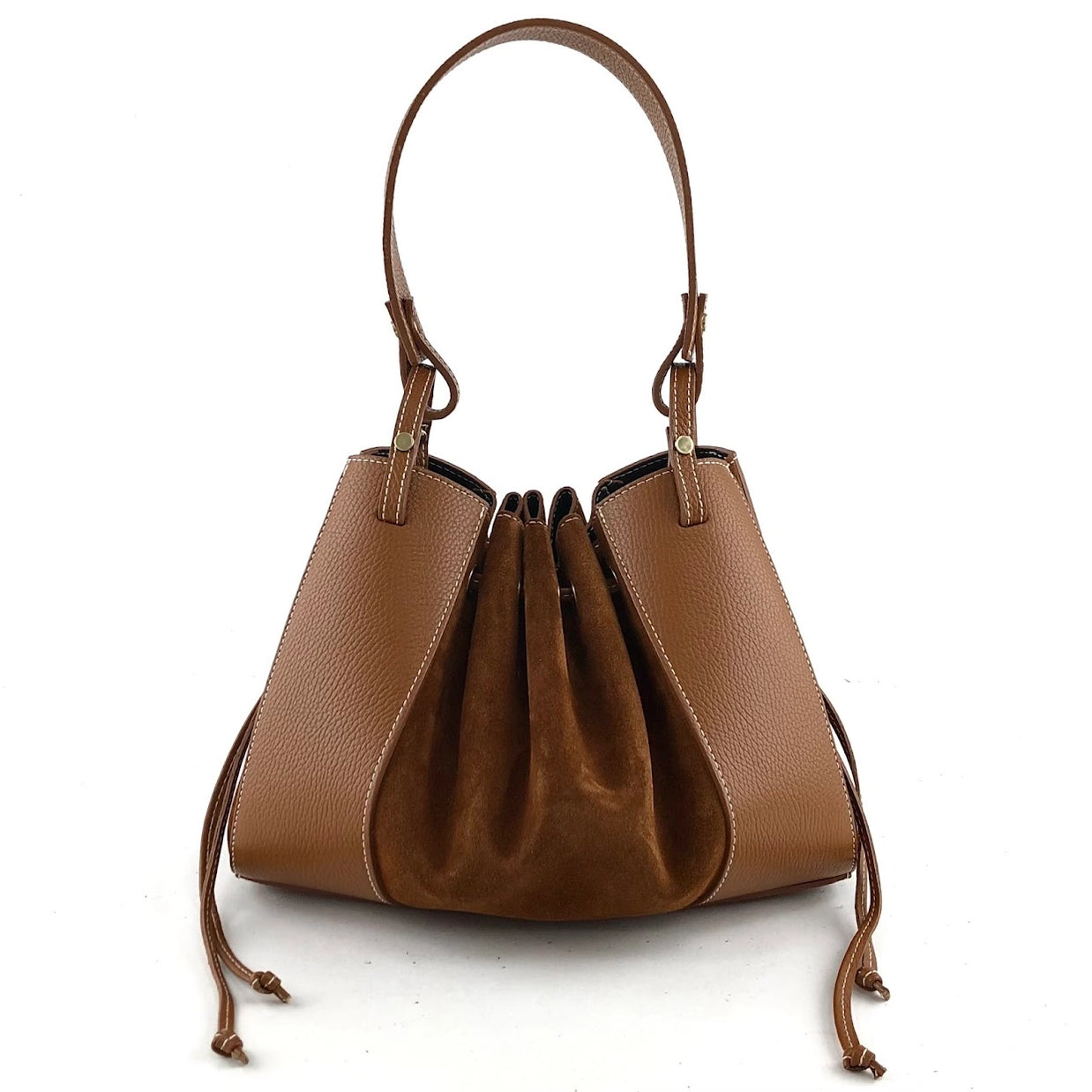 Caramel brown leather and suede drawstring shoulder bag with pebbled sides, gathered center panel, and contrast stitching