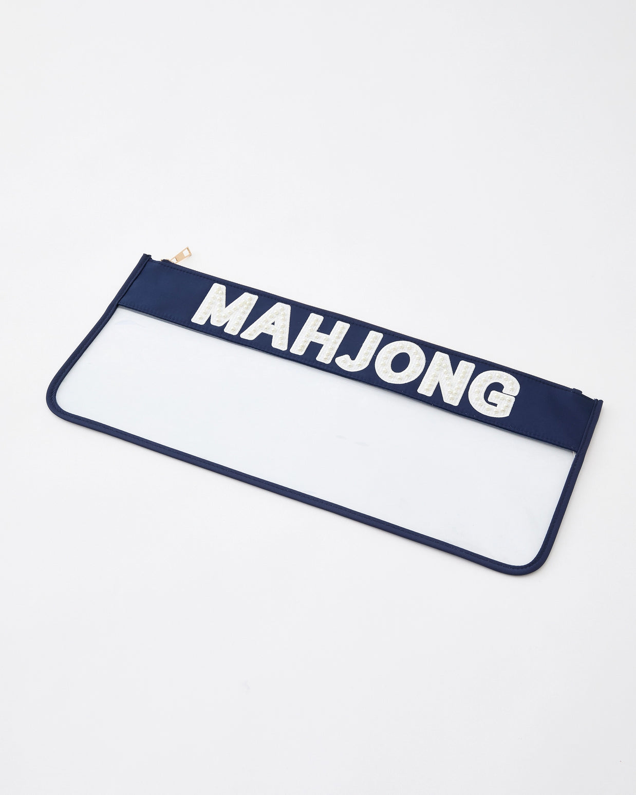 Clear vinyl zippered pouch with navy blue canvas top panel featuring bold white MAHJONG text and wooden zipper pull