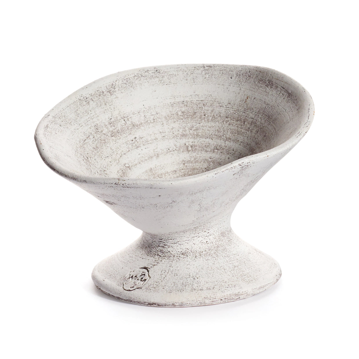 Distressed white ceramic pedestal bowl with weathered finish, wide shallow basin, and textured aged patina throughout