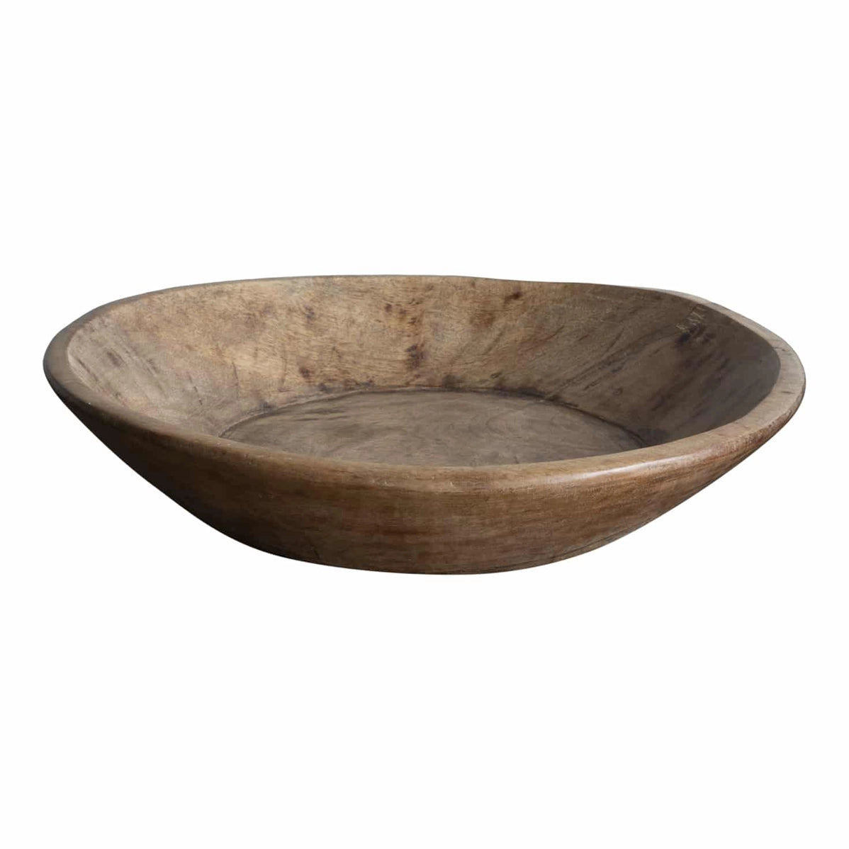 Rustic hand-carved wooden dough bowl in natural brown with visible wood grain and weathered patina finish